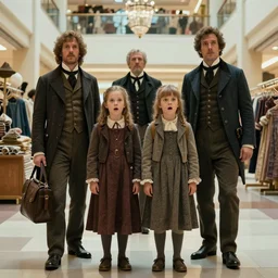 sharp, highly detailed, 9216k film, 7000mm frame from a sci fi blockbuster color movie made in 2019, a family of four time travelers from 1860 travel in time to 2019, appearing in a shopping mall, looking surprised, the family are all wearing 1860s era clothes, cinematic lighting, in focus, cinematic still, extremely high quality scan, in focus, 350mm f/1.4L lens