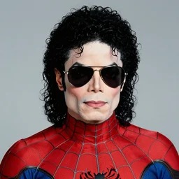 michael jackson 2 0 0 9 with black aviators and curls, wears spider - man body costume without the mask in studio, movie accurate, hyper realistic face, uhd, detailed nikon d 8 5 0. sigma 8 5 mm f 1. 4 dg hsm a. aperture f / 3. 5. shutter speed 1 / 6 0. iso 1 6 0 0