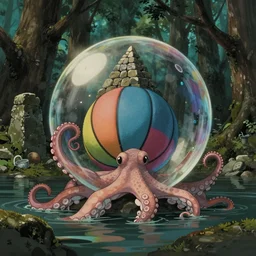 pov hyperrealist, dull colors, interior shot from howls moving castle 2 0 0 4 of an octopus egg warping around o a multicolored basketball bubble in a flooded woodland stonehenge pyramid. bubble.