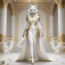 commissioned full body portrait of a female anthro werewolf princess fursona with white hair wearing a white and gold Chinese armored dress in a white and gold palace on a starry night with a large crescent moon, by a professional manga illustrator, Stanley Artgerm Lau, WLOP, Rossdraws, James Jean, Andrei Riabovitchev, Marc Simonetti, and Sakimichan, trending on artstation