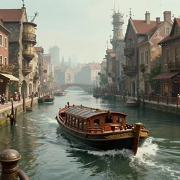a painting of a cinematic keyframe with a boat going throught canals in a steampunk city