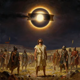 a total solar eclipse fills the sky, lydian warriors on an ancient battlefield stop and look up as the sky goes dark. 5 0 0 bc. beautiful painting by michael whelan, dramatic lighting, rich colors.
