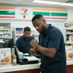 Jerma985 robbing a 711 cashier, convenience store interior background, Jerma