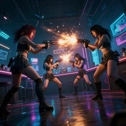 epic highly detailed photo of gangs of girls fighting in cyberpunk night adult club, 3 5 mm, guns blasting, low angle, blade runner, akira, cinematic angle, cinematic lighting, reflections, action, battle