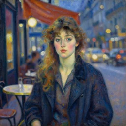 an impressionist portrait painting of a beautiful young woman by fernand toussaint, paris cafe at night with city lights bokeh background,!!! shallow depth of field!!!, canon 5 0 mm!! tilt - shift!! lens f 1. 2