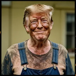 far view, extremely skinny malnourished donald trump with long beard, wearing dirty overalls, dirty greasy face, grin, portrait, close up, kodak gold 2 0 0, 5 0 mm,