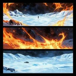 no border 3 panel graphic novel layout fiery angles frozen tundra cryogenic tears hyperspace loneliness futuristic small unit tactics behind enemy lines littoral combat photorealistic graphic novel layout by michael komarck, greg rutkowski, victo ngai, artgerm, willem claesz heda and j. dickenson roger deakins john seale syd mead