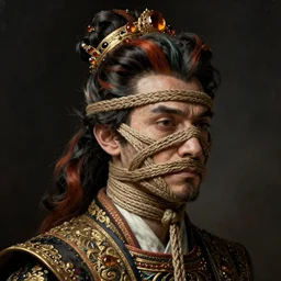 portrait of a Shibari rope wrapped face and neck, headshot, insanely nice professional hair style, dramatic hair color, digital painting, of a old 18th century, Royal Emperor, amber jewels, baroque, Art Nouveaux, ornate clothing, scifi, realistic, hyper detailed, chiaroscuro, concept art, art by Franz Hals and Jon Foster and Ayami Kojima and Amano and Karol Bak,