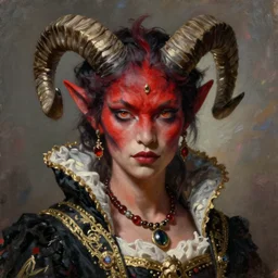 painted close - up portrait of a attractive red - skinned intimidating demon girl with ram horns! oil painting, wearing a noblewoman's outfit, fantasy art by john singer sargent and gaston bussiere, demon noble character design, hd