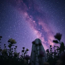 some broken stars skies, some flowers and plants, complex backgrounds, alfons maria mucha, the god of ancient stars, purple air, solemn and dignified, robe, 8 k, silent light, close rangemovie footage