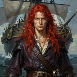epic fantasy portrait painting of a long haired, red headed male sky - pirate in front of an airship in the style of the death note