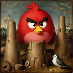 large angry bird towers over a small bird, renaissance painting
