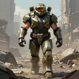 a beefy bulky body builder warrior walking in a cyberpunk wasteland facing the camera, Inspired by Holly Tanaka from Halo 5, mjolnir armor from halo infinite without a helmet!!!!!!!!!!!!!!!!!!!!!!!!!, intricate, female face features!!!!!!!!!!!!!!!!!!!!!!!!!!!!!!!, 8K, octane render, Digital painting, concept art, illustration, sharp focus, centered, good value control, realistic shading, rational painting, rubber undersuit
