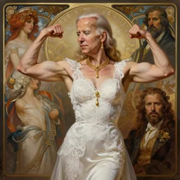 joe biden as a female, flexing large muscles, white lace clothing, gold accessories, elegant, highly detailed, digital painting, matte, sharp focus, art by wlop, artgerm, greg rutkowski, alphonse mucha, frank frzetta, boris vallejo, bouguereau, beksinski, cinematic