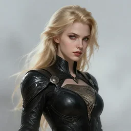 a beautiful blonde - haired superhero, black leather garment, intricate, elegant, highly detailed, digital painting, artstation, concept art, smooth, sharp focus, illustration, ethereal, misty, by ilya kuvshinov and jeremy mann, 8 k, octane render