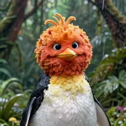 hyperrealistic photo of sesame street's big bird if they were a real life penguin. anatomically correct bird. intricate, highly detailed tiny eyes extremely detailed picture, jungle canopy in the background, light and rain trickling through