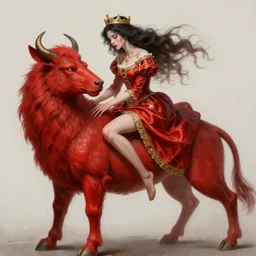 woman in love sit upon a scarlet coloured beast, pain, royal dress, light effect, hyper detailed, intricate, elegant, highly detailed, digital painting, artstation, concept art, matte, sharp focus, illustration, by james jean, andrei riabovitchev, marc simonetti, yoshitaka amano