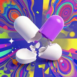 a pill capsule breaking apart, psychedelic, graphic design, collage, digital art, 3 d render