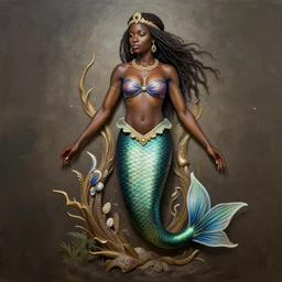 full body painting on an african mermaid, by leonardo davinci, highly detailed, smooth, digital painting, sharp focus, intricate, symmetry, masterpiece work of art, art station,