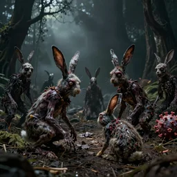 a dark battle of decaying zombie rabbits infected with the T-virus, film still