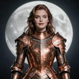 stunningly beautiful paladin in copper plate armor who looks like young michelle pfeiffer, moonlight in the background by boris vallejo and julie bell, soft lighting, HD, elegant, intricate, masterpiece, concept art, character design