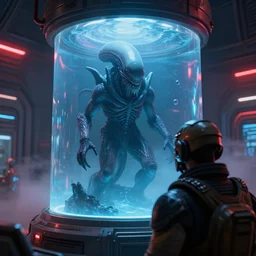 closeup macro over the shoulder shot a mass effect soldier standing near a cthulhu lovecraft alien monster trapped inside a large transparent science fiction glass containment chamber filled with blue liquid in a furnished mass effect science fiction spaceship laboratory, dramatic lighting, octane, red led lights, lens flare, trending on artstation, mist, mass effect, volumetric lighting