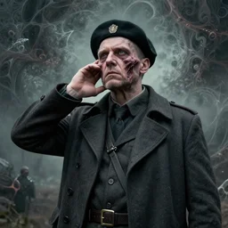 Portrait of Igor Ivanovich Strelkov while he is calling for war mobilization, photo-realistic, 2K, highly detailed, bodyhorror by H.R.Giger, tends to have fractal structure