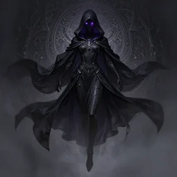 dark hooded figure, glowing purple eyes, floating beautifully, fantasy, dramatic, intricate, elegant, highly detailed, digital painting, artstation, concept art, smooth, sharp focus, illustration, art by Gustave Dore, octane render
