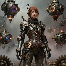 by tom bagshaw, photorealist vivid render of a carnival of curiosities, single young steampunk female in a full ornated armor, gears, cables, led, flying machinery, partial symmetry accurate features, very intricate details, focus, award winning, ultra dense fog, trending on behance