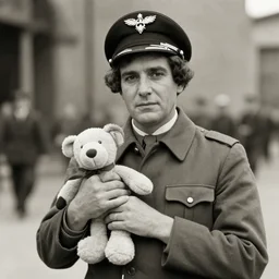the famous pilot francesco baracca holding a plushie, perfect face, made by a early century photographer