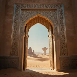 a surreal islamic style ornamental gate in the desert opens into an other dimension with different alien landscape. by vincent di fate and james jean. ornament, intarsia, portal, doorway, dynamic lighting, ambient lighting, atmospherical, photorealistic fantasy concept art, trending on art station, stunning visuals, creative, cinematic, ultra detailed