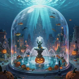 A bustling beautiful city on the sea floor inside a glass dome during halloween, anime, fountain, statue, underwater, rapture, fish flying over head, godrays, a fantasy digital painting by Greg Rutkowski and James Gurney, trending on Artstation, highly detailed