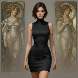 young business woman in pencil miniskirt and sleeveless turtleneck, sci - fi, highly detailed, digital painting, artstation, concept art, smooth, sharp focus, illustration, art by artgerm and greg rutkowski and alphonse mucha #