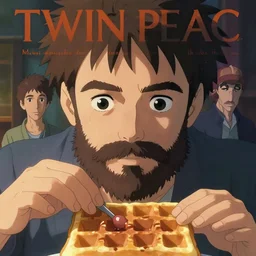 twin peaks poster by michael whelan and tomer hanuka, close up portrait of bearded man failing to make a waffle, full of details, by makoto shinkai and thomas kinkade, matte painting, trending on artstation and unreal engine