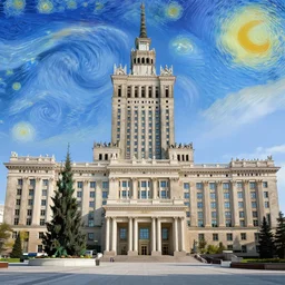 warsaw's palace of culture and science in style of van gogh's starry night