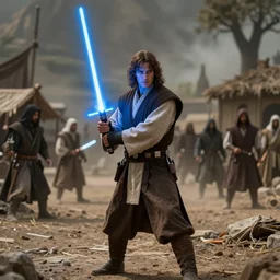 a noble Jedi master holding a blue lightsaber valiantly defending a poor village