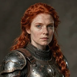 a rustic woman wearing futuristic armor, detailed face, redhead, by greg rutkowski, mandy jurgens