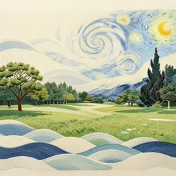 a beautiful quiet park in fukuoka, fractal waves. japanese embroidery. retro minimalist art by jean giraud and van gogh.