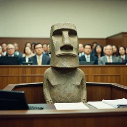 film still of a moai statue sitting at a courtroom desk testifying in court | a crowd of people sitting behind it
