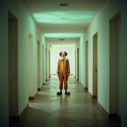 clown, man standing in a hallway, 1 9 4 0 s architecture, surreal photography, symmetry, mid century, liminal space, soft lighting, bioluminescence, annie leibovitz