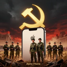 a wwii soviet propaganda poster advertising an apple iphone by rei kamoi and dan mumford and robin eley, communist hammer and sickle