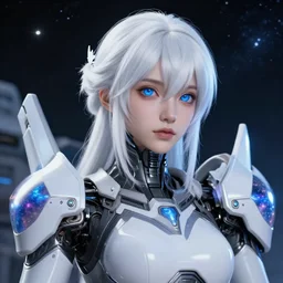 photo of a cyborg girl on a space ship, warframe armor, beautiful face, scifi, white hair, blue eyes, nebula reflections, stars, professionally color graded, 8 k high definition, insanely detailed, intricate, innocent look, art by akihiko yoshida, antilous chao, li zixin, woo kim