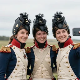 three female napoleonic grenadiers pose for a selfie