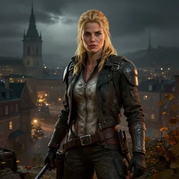 fallout 5, charismatic beautiful rugged blonde female protagonist, portrait, outdoors european cityscape, atmospheric lighting, painted, intricate, volumetric lighting, beautiful, night time, autumn, overcast weather, foggy, sharp focus, deep colours, ultra detailed, art by william turner