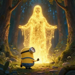 a Minion lost in the woods encounters a gigantic glowing golden manifestation of the spirit of the forest at night. Jordan Grimmer. Geoffroy Thoorens