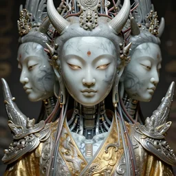 female robot pilot, mechanical creature, electronic wires, girl face, dystopian surrealism, alex ries zdzisław beksinski giger, symmetry accurate features, very intricate details, hres, naraka buddhist demon korean female, luminous eyes, smooth marbled surfaces, cinematic smooth ceramic, deep aesthetic, concept art, carved silver texture golden cloth, highly ornate intricate details