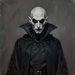 a bald vampire wearing a long black robe with large bat ears huge black eyes and gray skin, character art, painting by james c christensen
