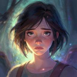 close up of a beautiful sullen young woman named madison beer with tons of glowing freckles and short glowing dark hair by disney concept artists, backlit, moody, intense, intricate, indie studio, fantasy, moody, rim lighting, godly light, vibrant pastel colors, emotional, sketch, fantastical, whimsical, noise, dappled light, stippling!!!