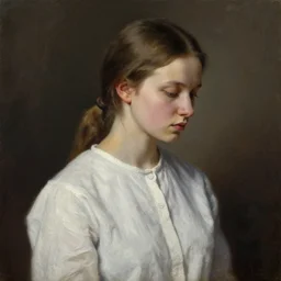 portrait of a russian girl, medium closeup, pigtails, cinematic light, dark background, sideview, looking down, wrinkled cotton shirt, oilpainting
