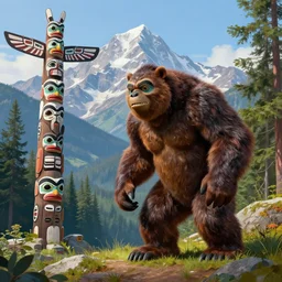 A Fierce Sasquatch, near a Native American Totem Pole, bellow peaceful mountains, filled with beauty, glossy matte painting by Thomas Cole and Thomas Kinkade, Artstation, Unreal Engine, 8K HUD